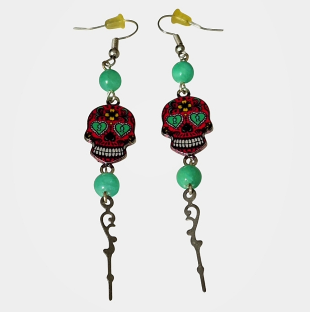 Sugar Skull Drop Earrings W/Clock Hand Charms & Mint Green Agate Beads NWOT